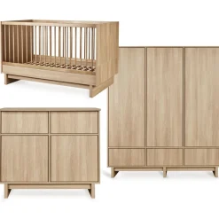 Chambre bébé trio kyo lit 70 x 140 cm + armoire xl + commode avec plan à langer - honey ash