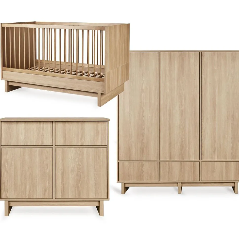 Chambre bébé trio kyo lit 70 x 140 cm + armoire xl + commode avec plan à langer - honey ash