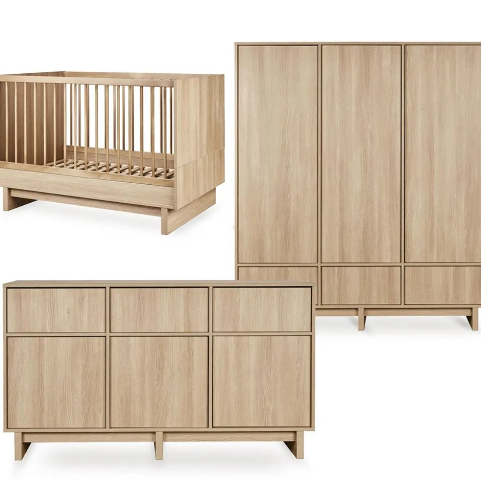 Chambre bébé trio kyo lit 70 x 120 cm + armoire xl + commode xl avec plan à langer - honey ash