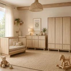 Chambre bébé trio kyo lit 70 x 120 cm + armoire xl + commode xl avec plan à langer - honey ash