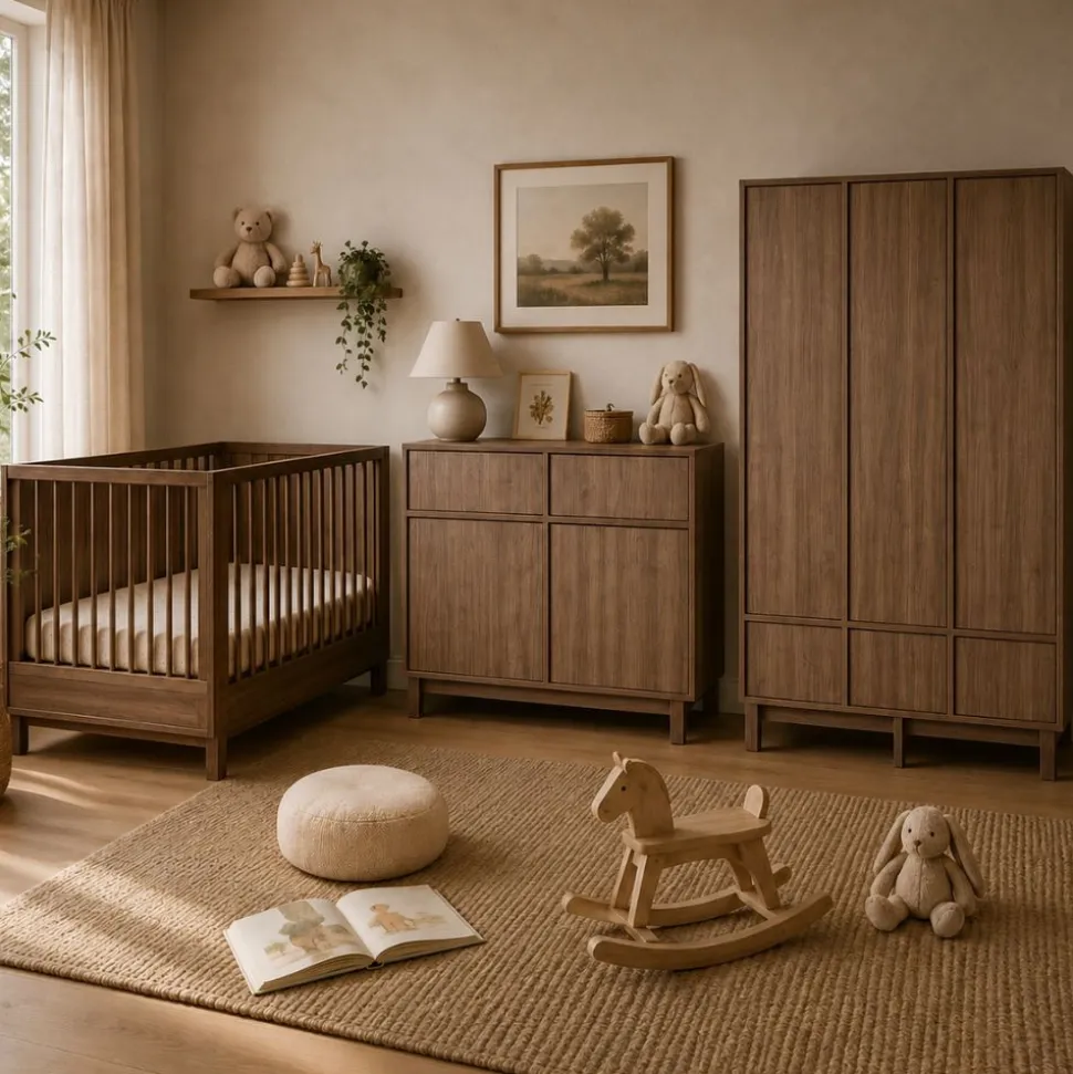 Chambre bébé trio kyo lit 70 x 120 cm + armoire xl + commode avec plan à langer - walnut