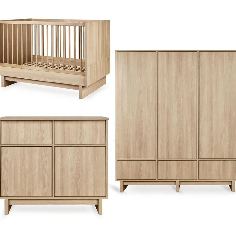 Chambre bébé trio kyo lit 70 x 120 cm + armoire xl + commode avec plan à langer - honey ash
