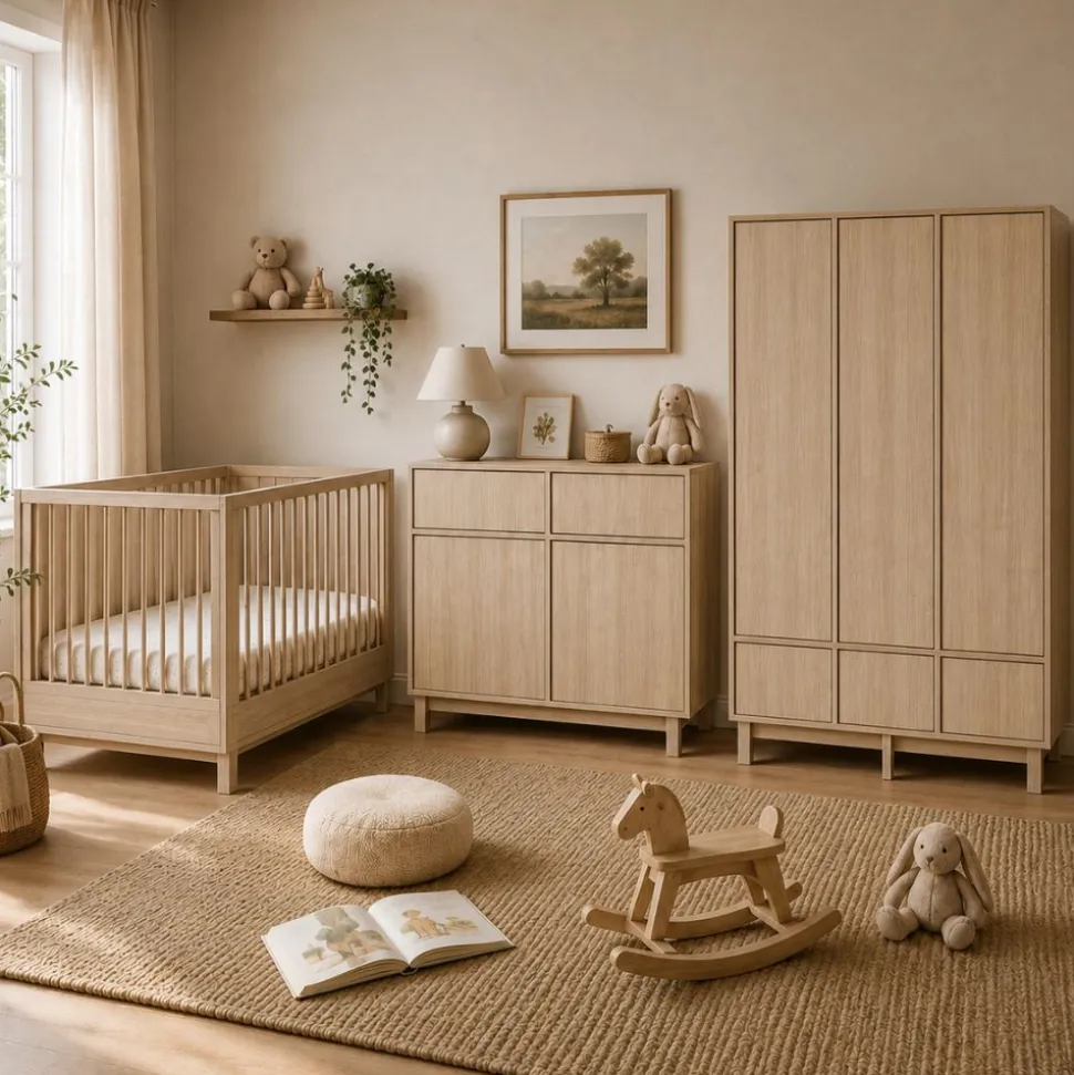 Chambre bébé trio kyo lit 70 x 120 cm + armoire xl + commode avec plan à langer - honey ash