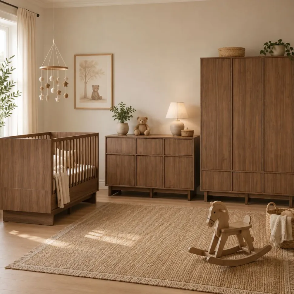 Chambre bébé trio kyo lit 70 x 120 cm + armoire xl + commode xl avec plan à langer - walnut