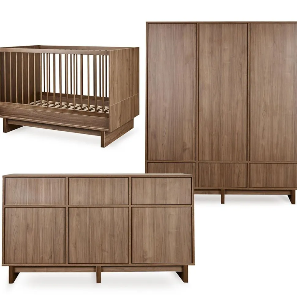 Chambre bébé trio kyo lit 70 x 120 cm + armoire xl + commode xl avec plan à langer - walnut