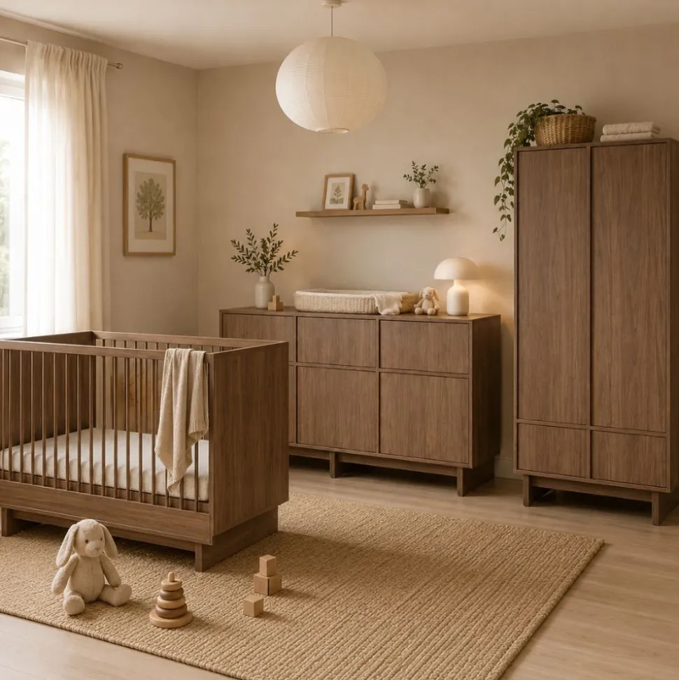 Chambre bébé trio kyo lit 70 x 140 cm + armoire + commode xl avec plan à langer - walnut