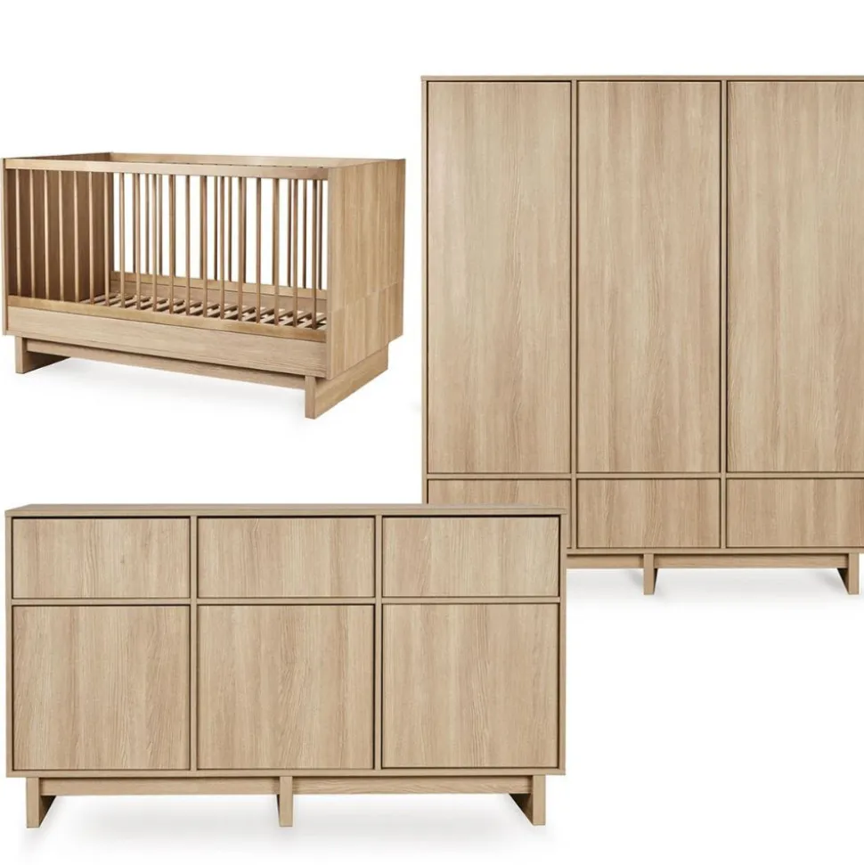 Chambre bébé trio kyo lit 70 x 140 cm + armoire xl + commode xl avec plan à langer honey ash