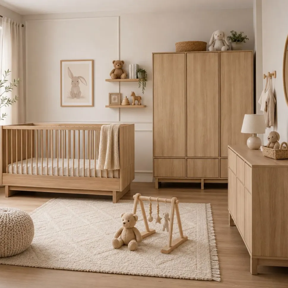 Chambre bébé trio kyo lit 70 x 140 cm + armoire xl + commode xl avec plan à langer honey ash