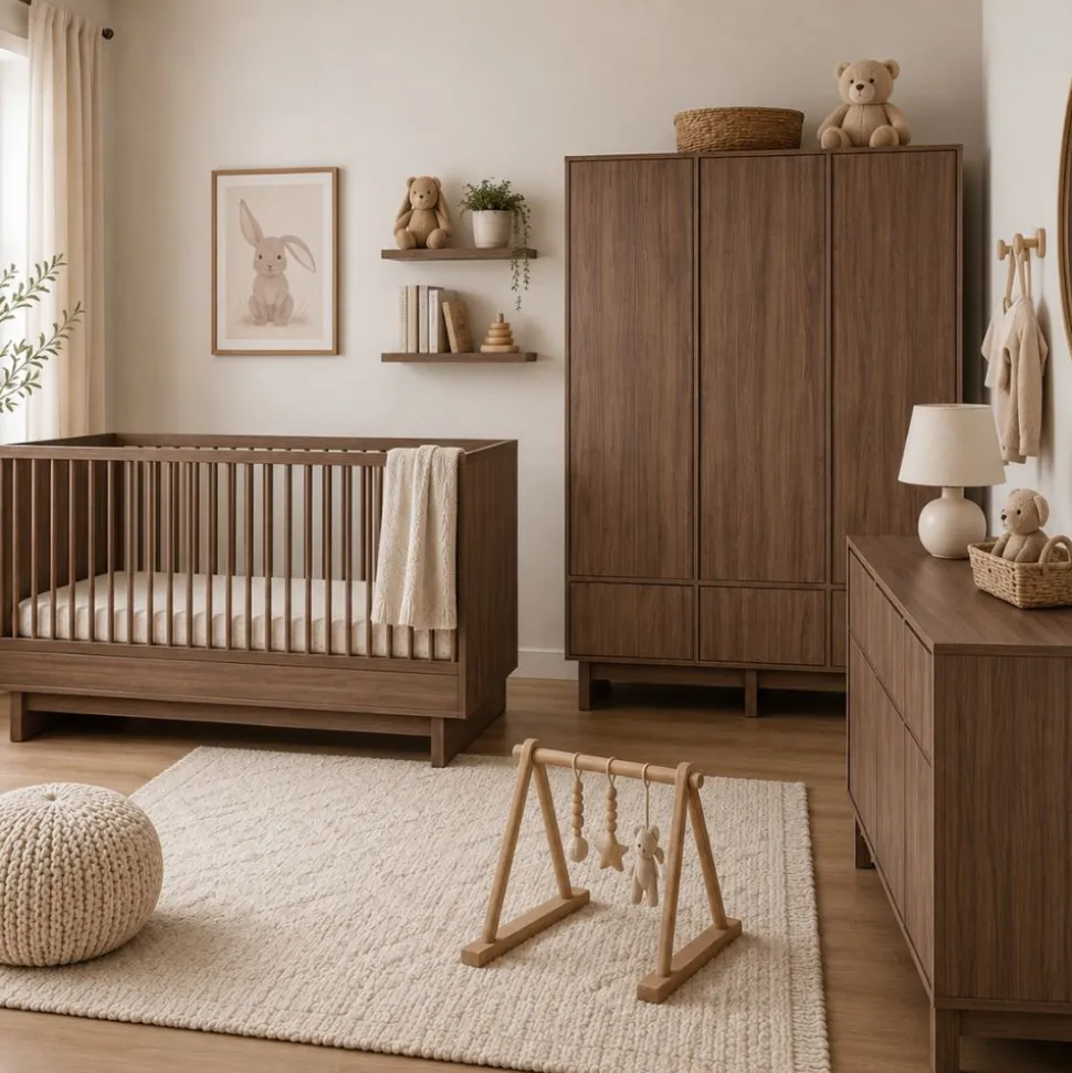Chambre bébé trio kyo lit 70 x 140 cm + armoire xl + commode xl avec plan à langer - walnut