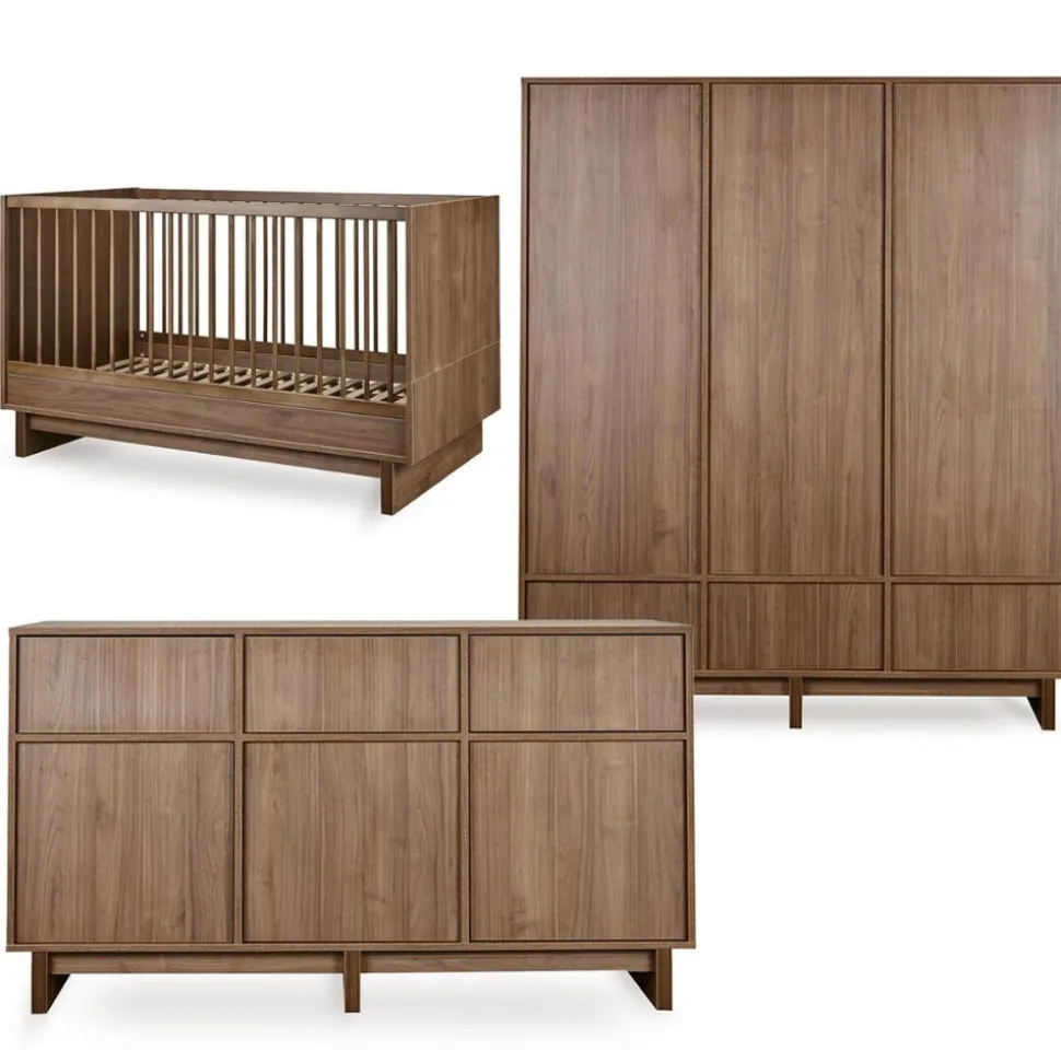 Chambre bébé trio kyo lit 70 x 140 cm + armoire xl + commode xl avec plan à langer - walnut