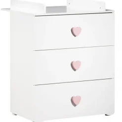 Chambre bébé trio lit bébé blanc + commode à langer 3 tiroirs boutons coeur + armoire 2 portes boutons coeur basic