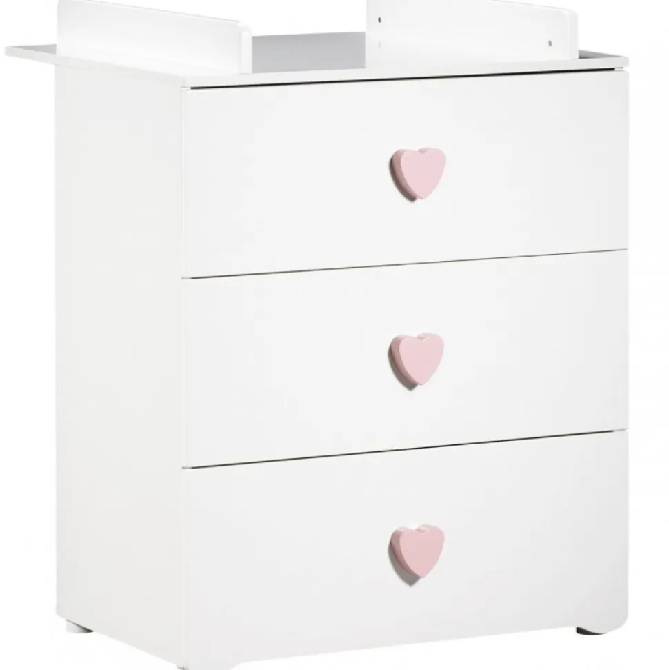 Chambre bébé trio lit bébé blanc + commode à langer 3 tiroirs boutons coeur + armoire 2 portes boutons coeur basic