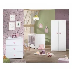 Chambre bébé trio lit bébé blanc + commode à langer 3 tiroirs boutons coeur + armoire 2 portes boutons coeur basic