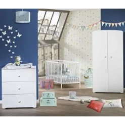 Chambre bébé trio lit bébé blanc 120x60 + commode à langer 3 tiroirs + armoire 2 portes basic blanc