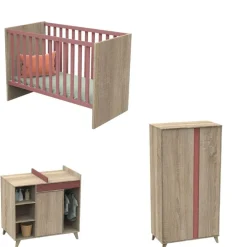 Chambre bébé trio lit bébé 60x120 + commode+armoire nova rose canyon