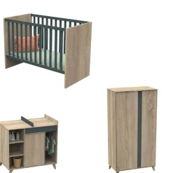 Chambre bébé trio lit bébé 60x120 + commode+armoire nova gris volcan
