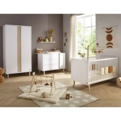 Chambre bébé trio lit évolutif 140x70cm + commode 3 tiroirs 1 porte + armoire paloma + plan à langer offert