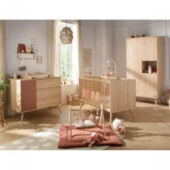 Chambre bébé trio lit 70x140cm bois + commode + armoire terracotta seventies