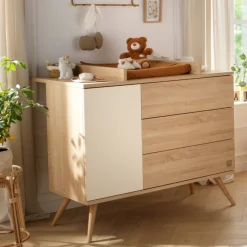 Chambre bébé trio lit 70x140cm bois + commode + armoire vanille seventies