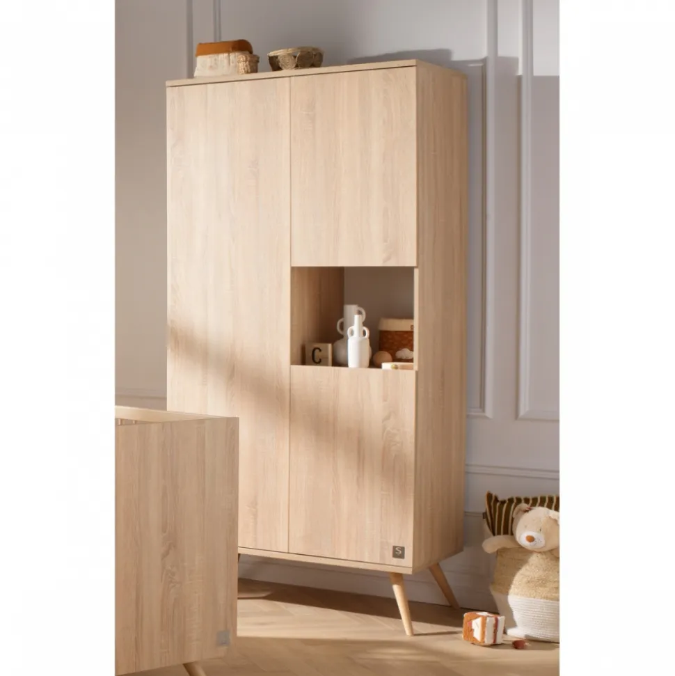 Chambre bébé trio lit 70x140cm bois + commode + armoire sauge seventies