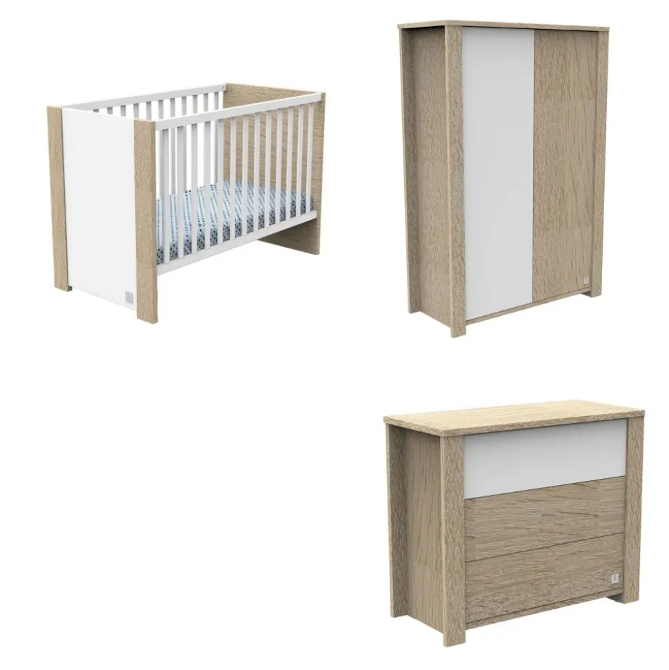 Chambre bébé trio lit 60x120cm+commode+armoire antonin bois et blanc