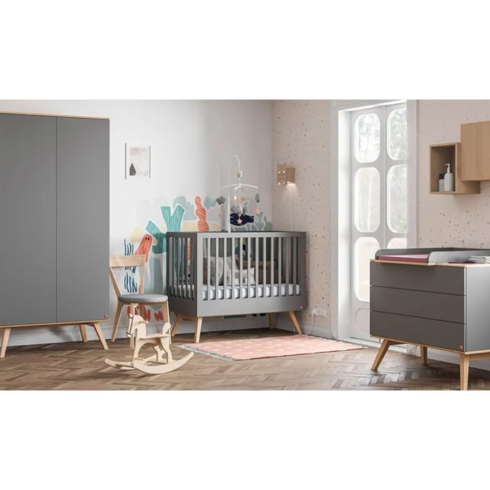 Chambre bébé trio lit 70x140 + commode + armoire gris nature