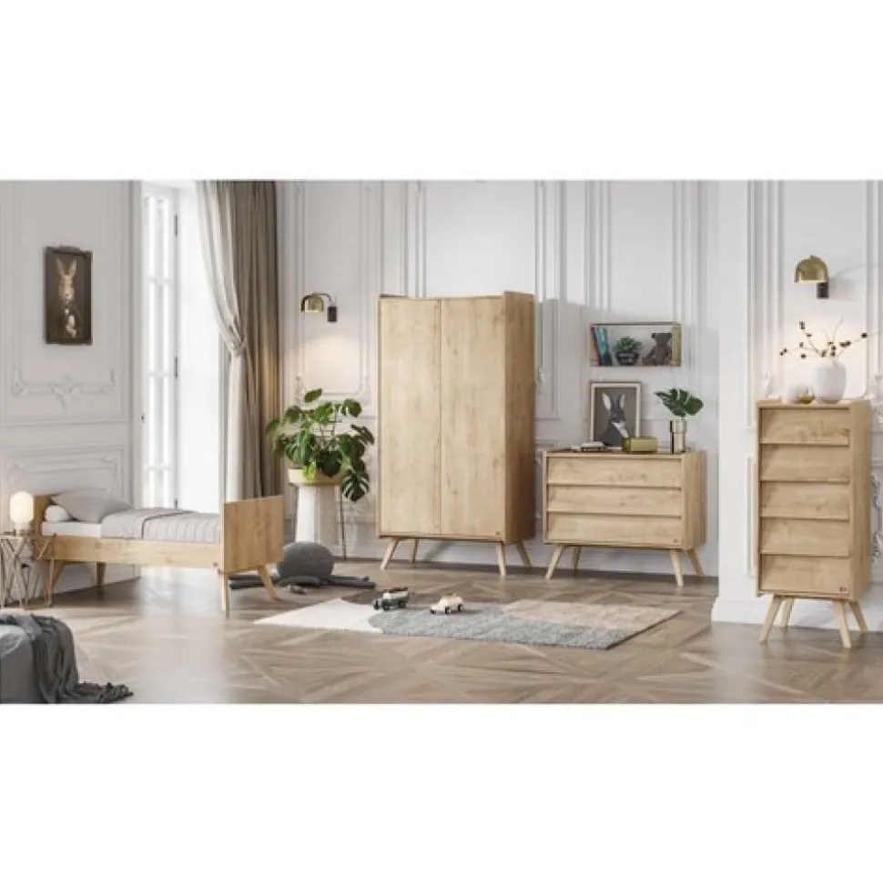 Chambre bébé trio lit 70x140 + commode + armoire bois - collection vintage