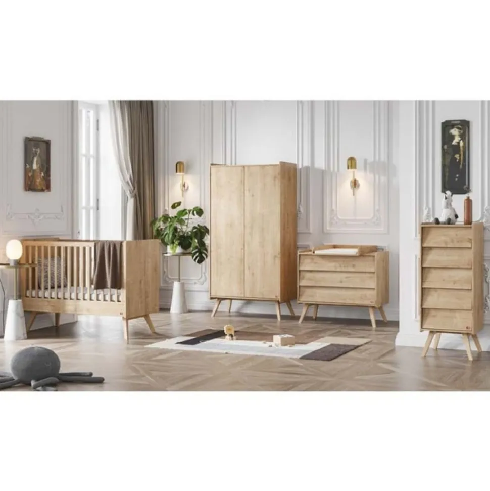 Chambre bébé trio lit 60x120 + commode + armoire bois - collection vintage