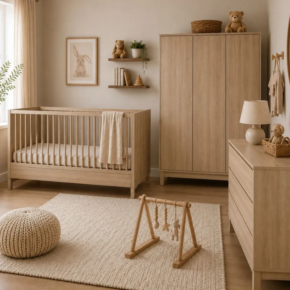Chambre bébé trio tsugi lit 70 x 120 cm + armoire xl + commode avec plan à langer honey ash