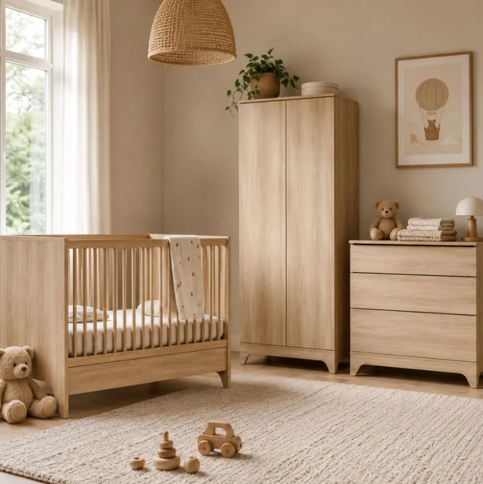 Chambre bébé trio tsugi lit 70 x 140 cm + armoire + commode avec plan à langer honey ash