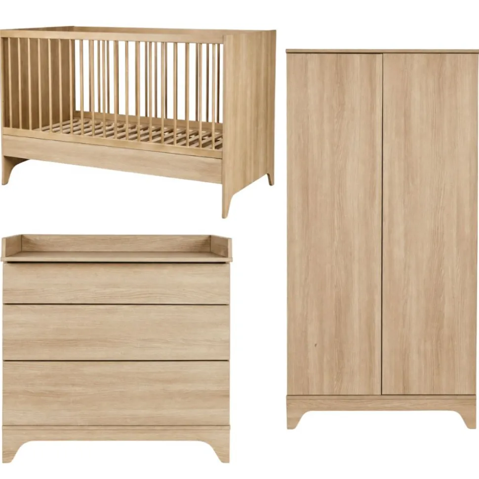 Chambre bébé trio tsugi lit 70 x 140 cm + armoire + commode avec plan à langer honey ash