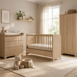 Chambre bébé trio tsugi lit 60 x 120 cm + armoire + commode avec plan à langer honey ash