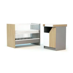 Chambre duo carnaval lit combiné 60x120 + meuble à langer blanc, bouleau et chêne