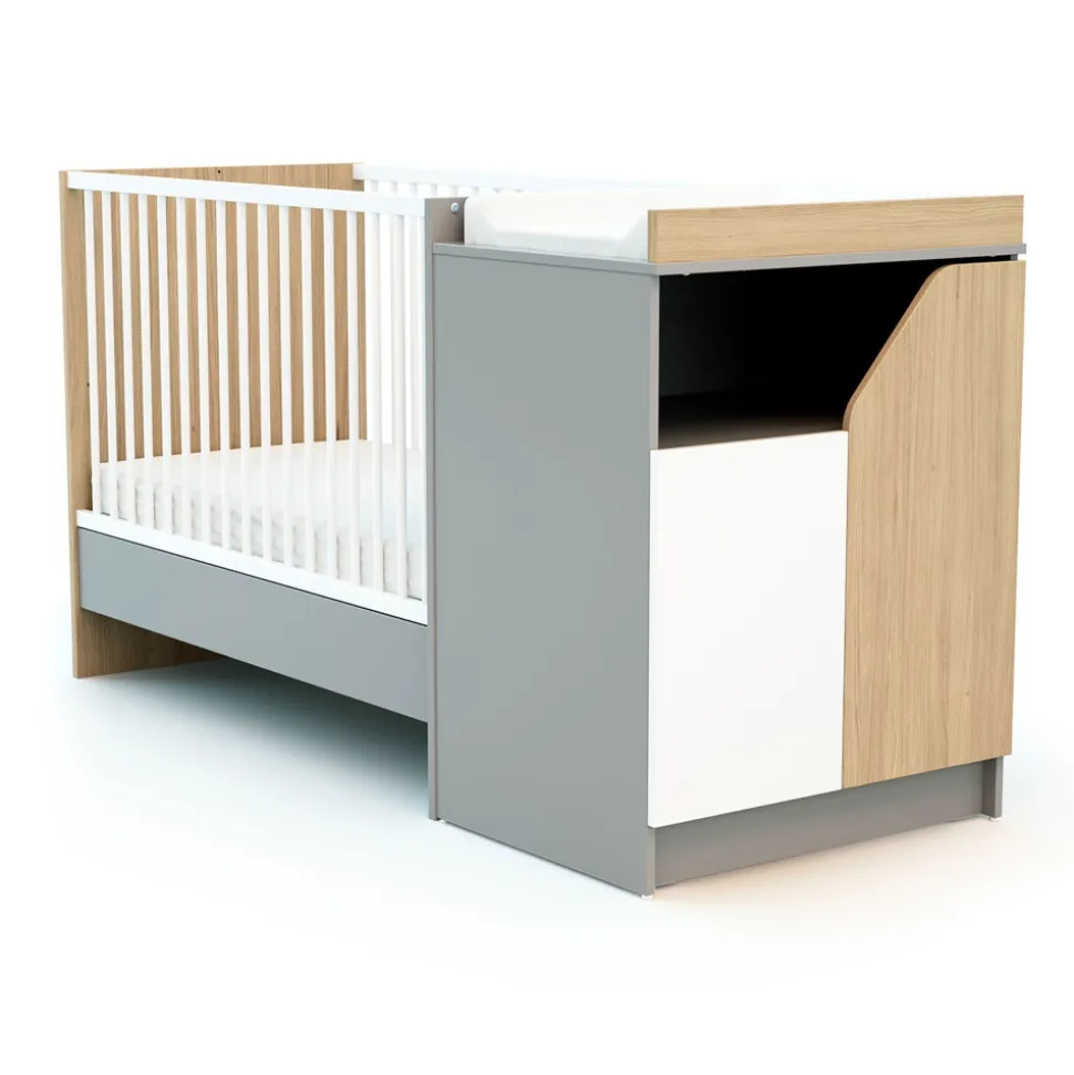 Chambre duo carnaval lit combiné 60x120 + meuble à langer blanc, bouleau et chêne
