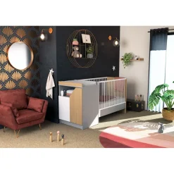 Chambre duo carnaval lit combiné 60x120 + meuble à langer blanc, bouleau et chêne