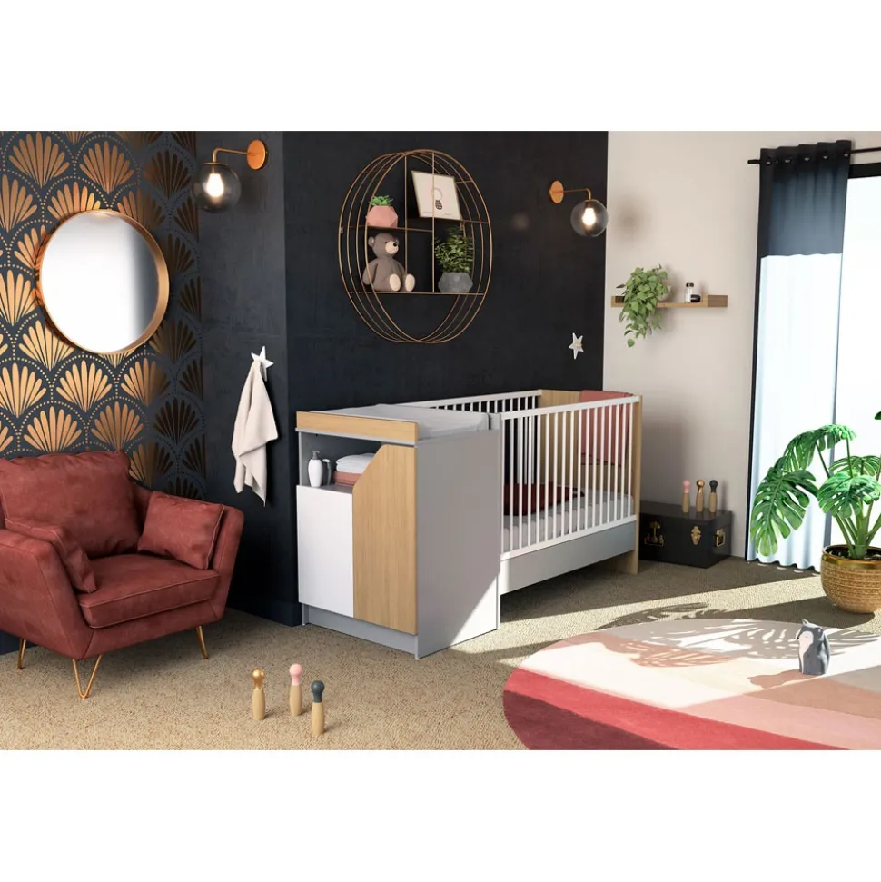 Chambre duo carnaval lit combiné 60x120 + meuble à langer blanc, bouleau et chêne