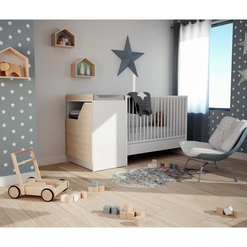 Chambre duo carnaval lit combiné 60x120 + meuble à langer décor bouleau