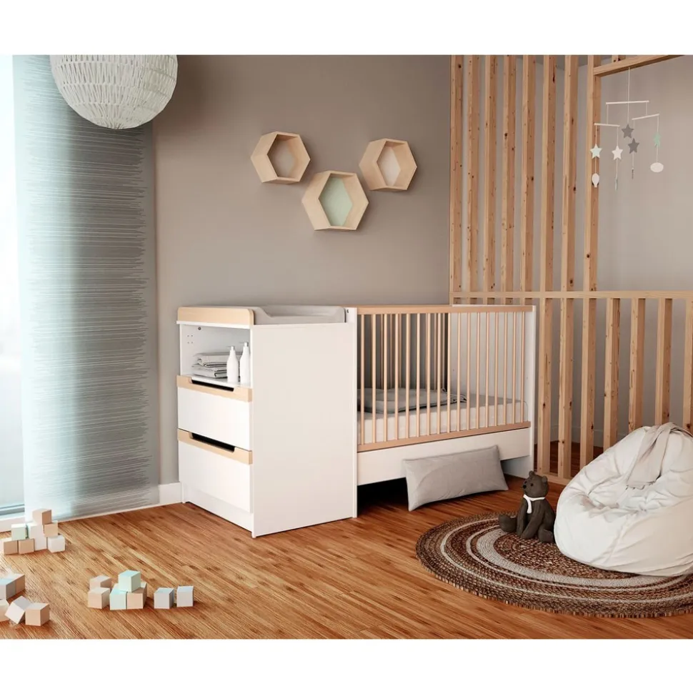 Chambre duo carrousel lit évolutif 60x120 blanc et hêtre verni