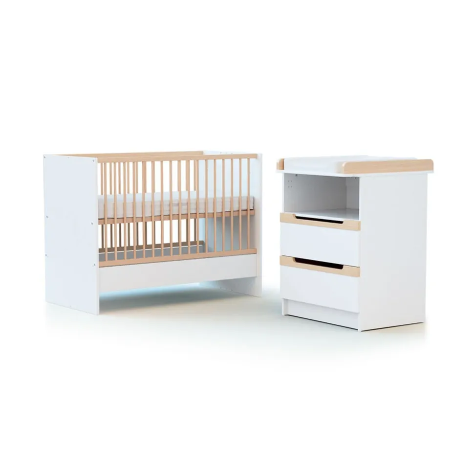 Chambre duo carrousel lit évolutif 60x120 blanc et hêtre verni
