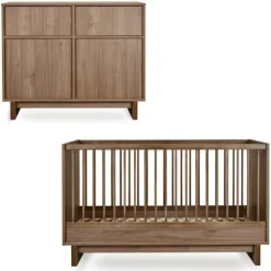 Chambre duo kyo lit bébé évolutif 70 x 140 cm + commode avec plan à langer - walnut