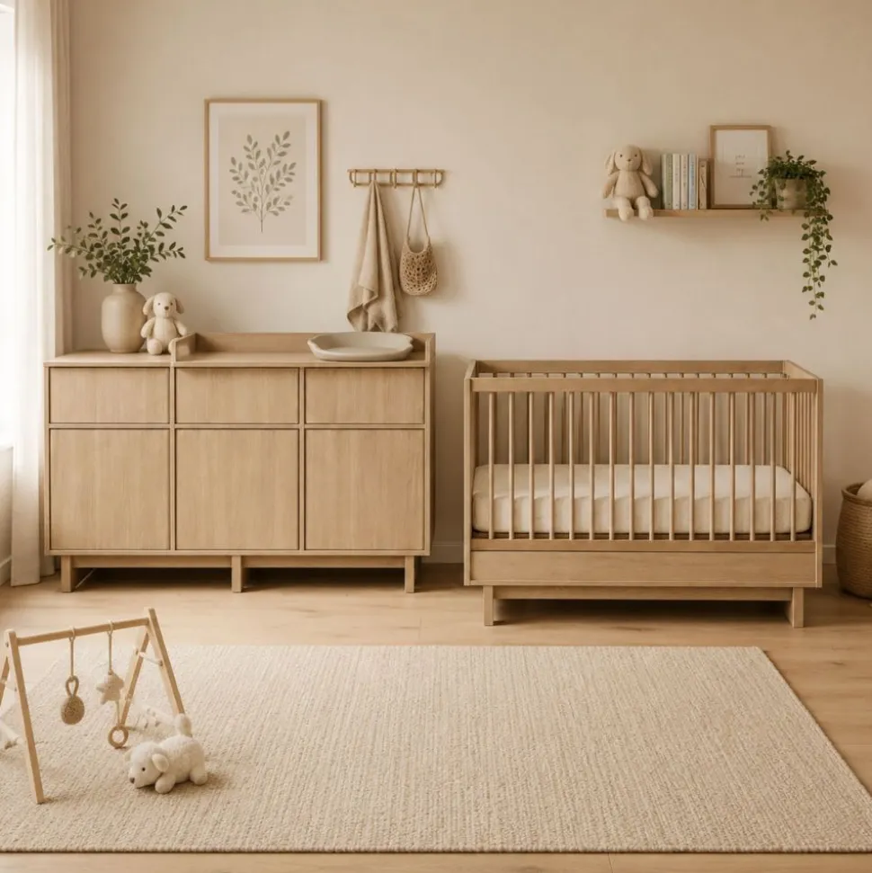 Chambre duo kyo lit bébé évolutif 70 x 120 cm + commode xl avec plan à langer - honey ash