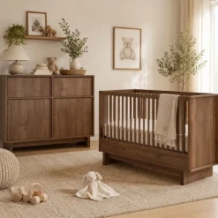 Chambre duo kyo lit bébé évolutif 70 x 120 cm + commode avec plan à langer - walnut