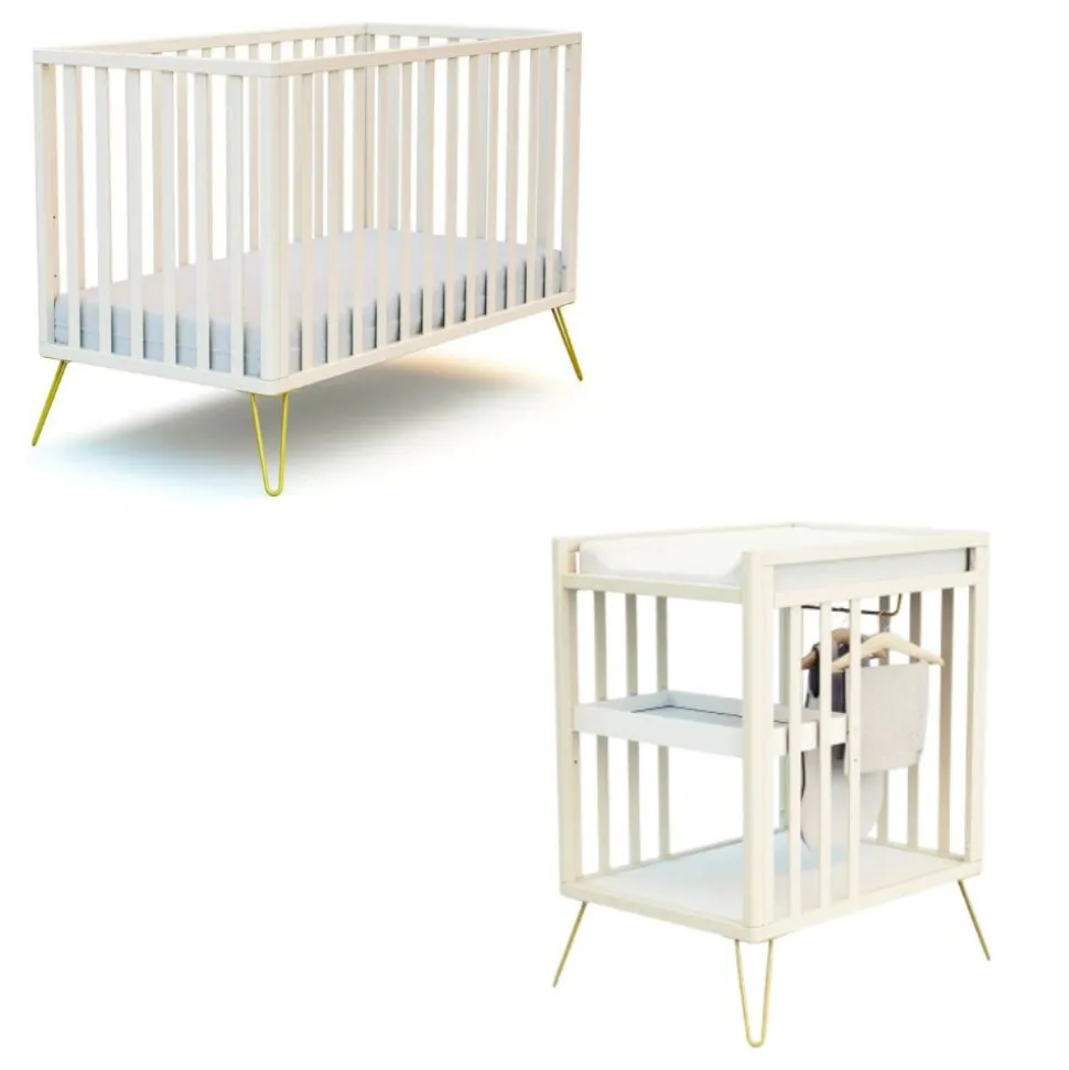 Chambre duo lit bébé only de jurababy blanc perle et jaune 60x120 + table a langer