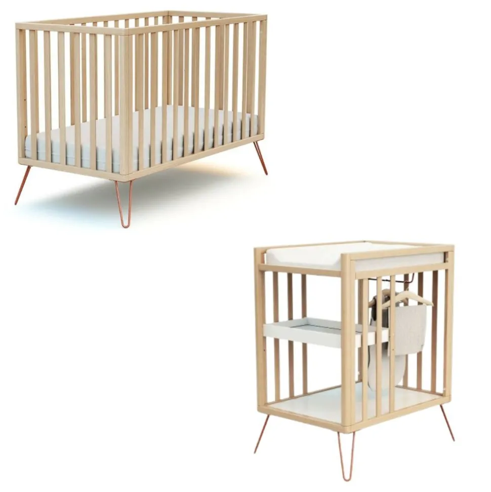 Chambre duo lit bébé only de jurababy 60x120 hêtre et terracotta + table a langer