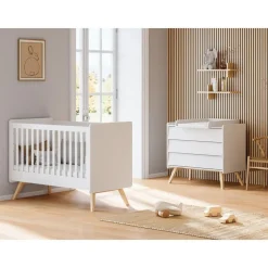 Chambre duo lit bébé évolutif 70 x 140 cm + commode 3 tiroirs vintage blanc