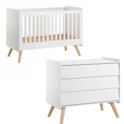 Chambre duo lit bébé évolutif 70 x 140 cm + commode 3 tiroirs vintage blanc
