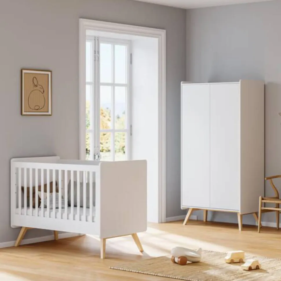 Chambre duo lit bébé 60 x 120 cm + armoire 2 portes vintage blanc