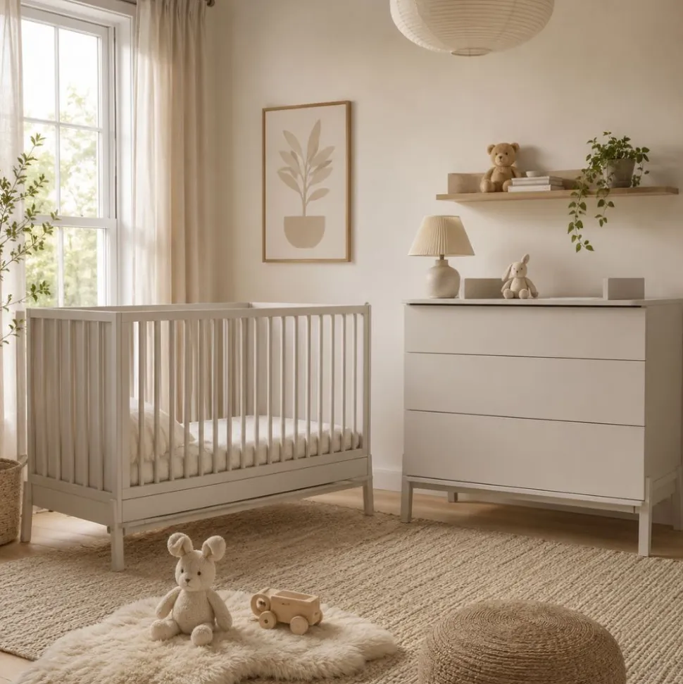 Chambre duo lit bébé 70x140 cm ashi argile+commode 3 tiroirs ashi argile avec plan à langer