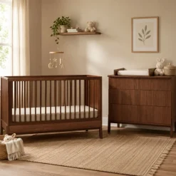 Chambre duo lit bébé 70x140cm ashi chataignier+commode 3 tiroirs ashi chataignier avec plan à langer