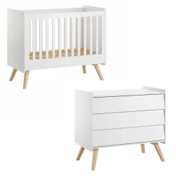 Chambre duo lit bébé 60 x 120 cm + commode vintage blanc